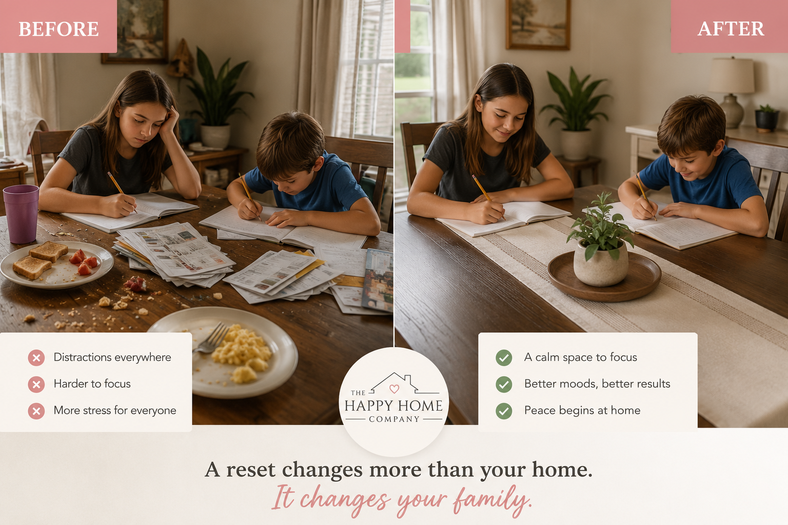 Before and after a home reset: a cluttered homework table transformed into a calm space where kids can focus